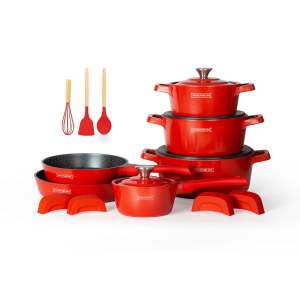 Royalty Line RL-OS1014M RED: 17 Piezas Juego de Cocina de Aluminio Fundido con Revestim...